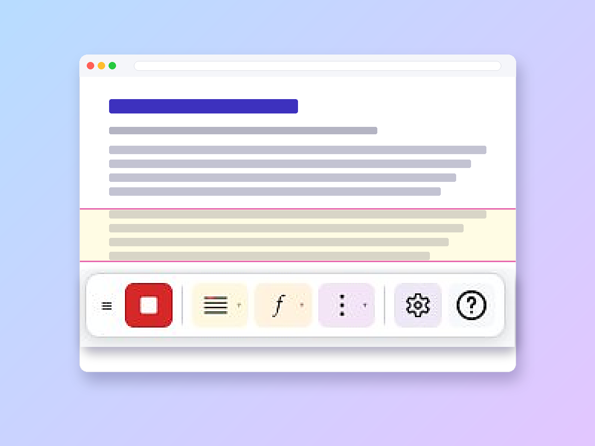 The Readable for Chrome toolbar floating on a web page, with reading ruler and colour tint applied