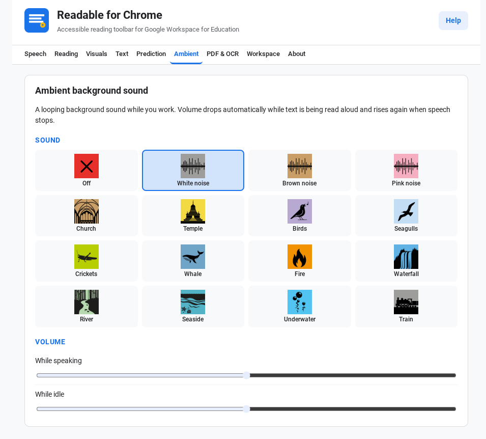 The Settings Ambient tab showing the 4-by-4 grid of ambient sound options with two volume sliders