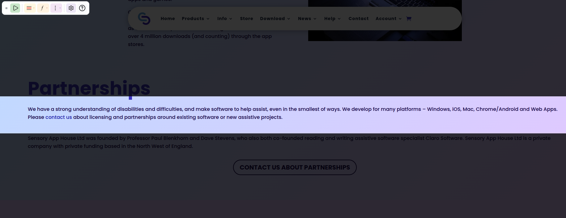 A web page with the reading ruler band tracking a line of text, with surrounding text dimmed